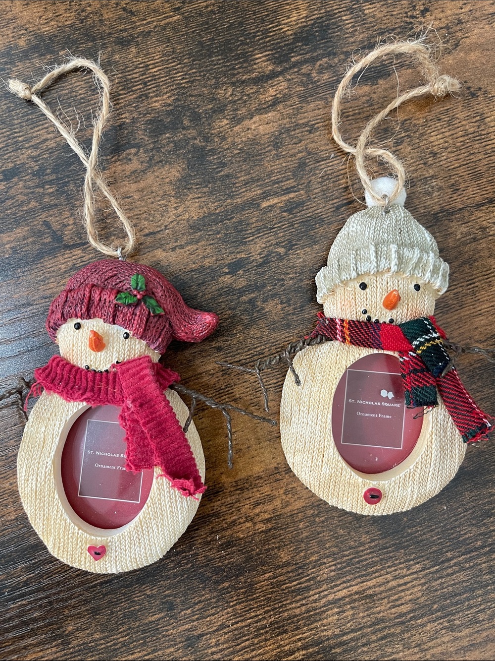 St. Nicholas Square Red & Cream Snowman Photo Ornaments